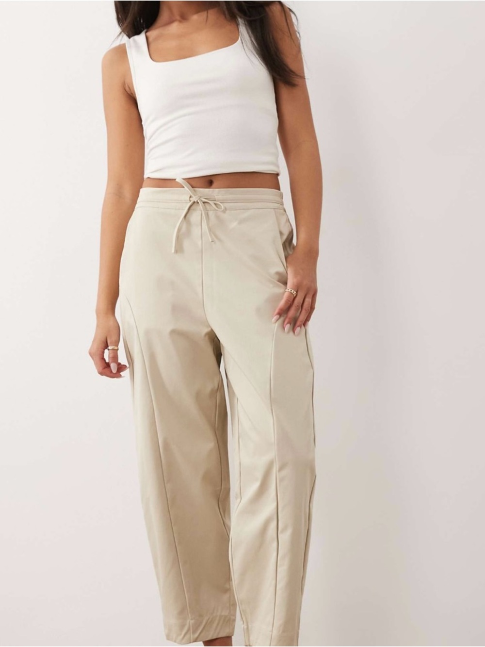 Drawstring Wide-Leg Pants in Light Beige